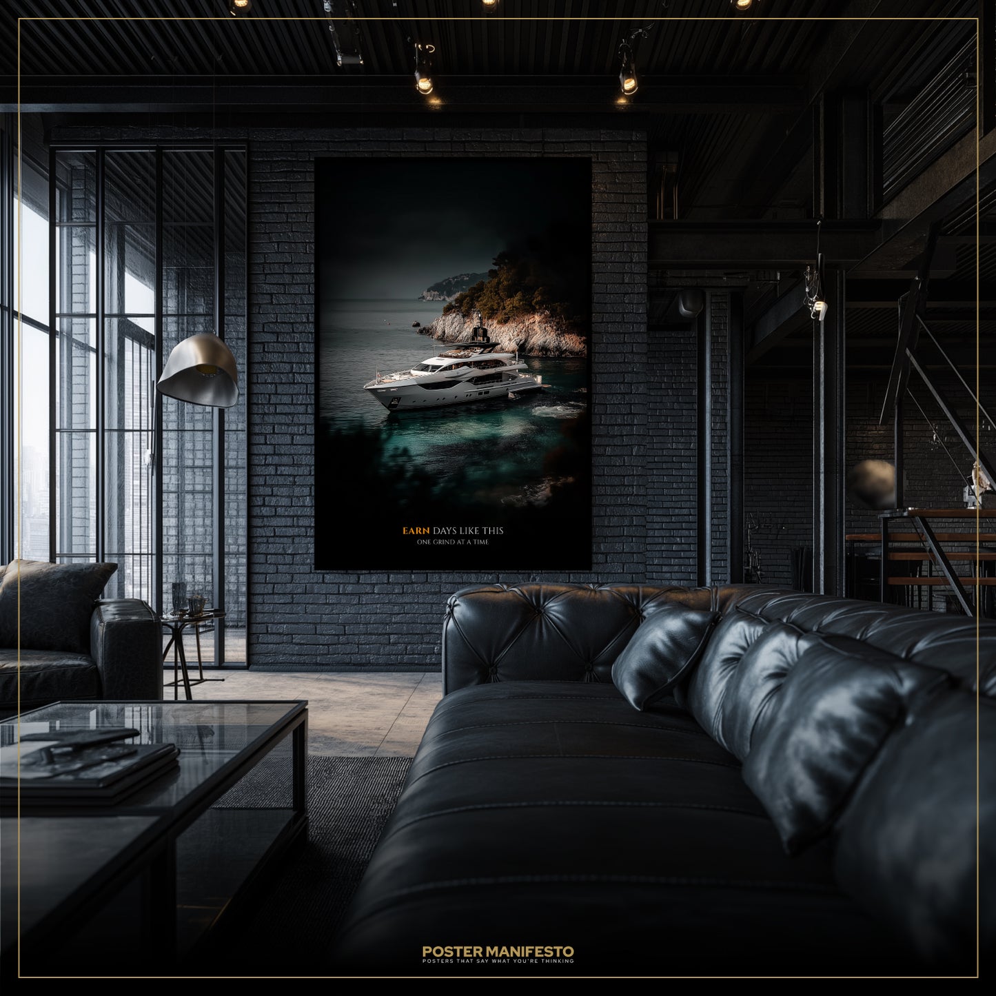 Modern living room with a large framed poster of a yacht on a brick wall.
