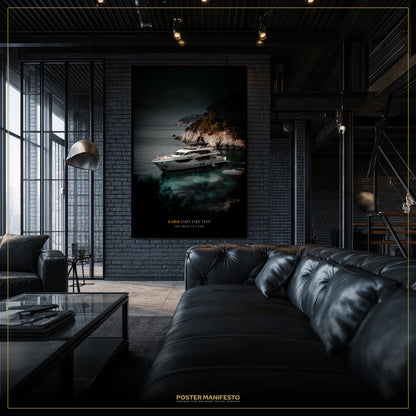 Modern living room with a large framed poster of a yacht on a brick wall.