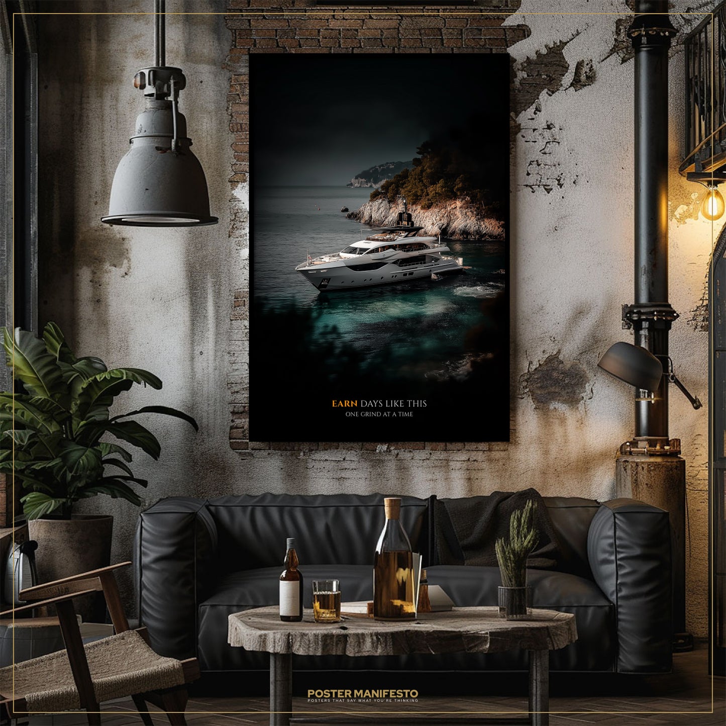Living room with a large framed poster of a yacht, a black sofa, and a small table with drinks.
