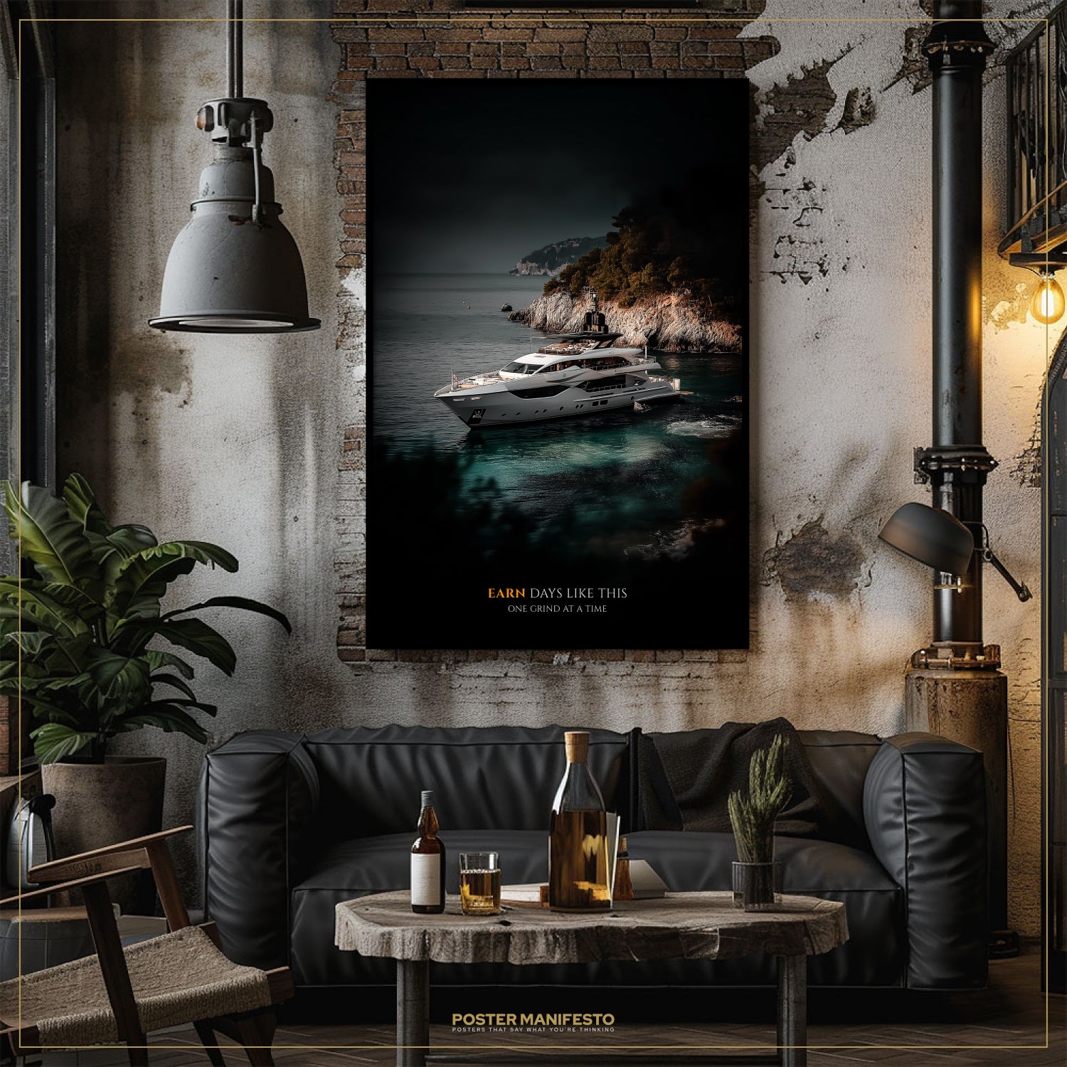 Living room with a large framed poster of a yacht, a black sofa, and a small table with drinks.
