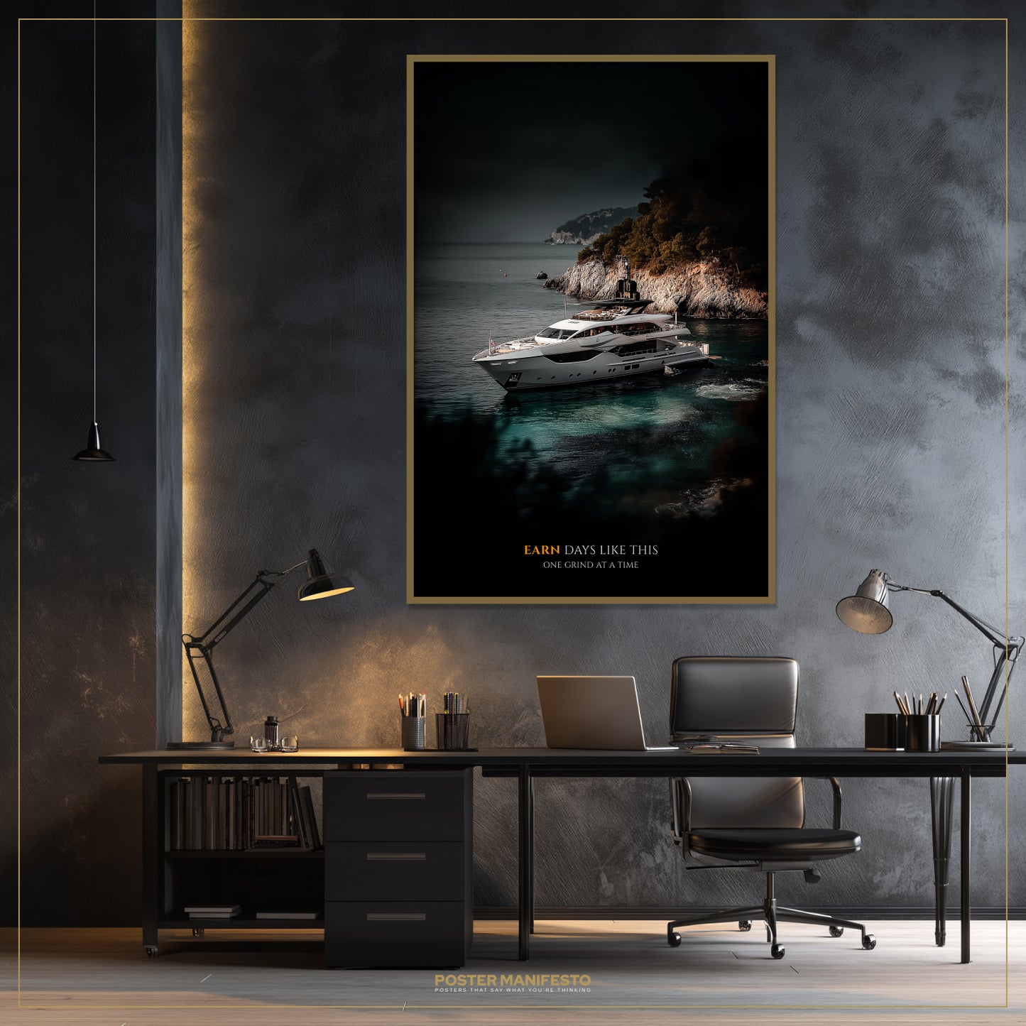 Modern office setup with a large framed photograph of a yacht on a wall.