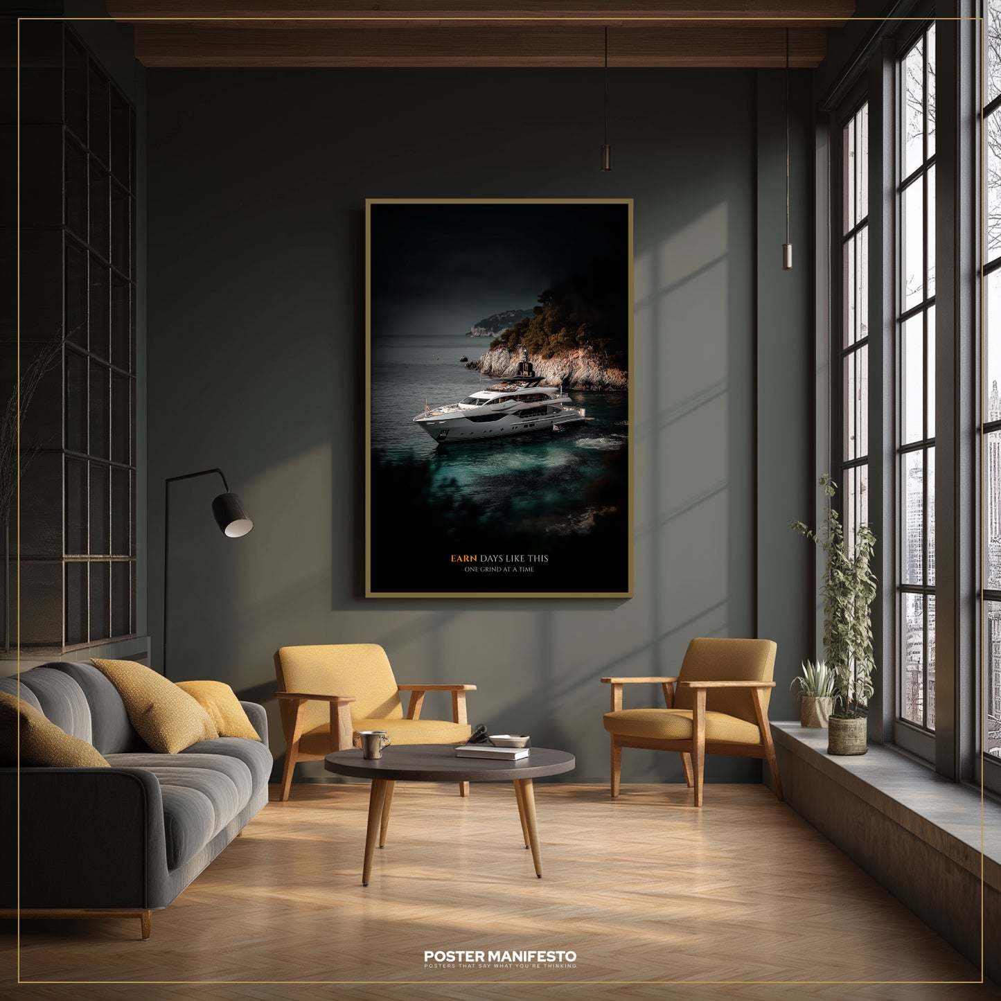 Modern living room with a large framed poster of a yacht on a dark wall.