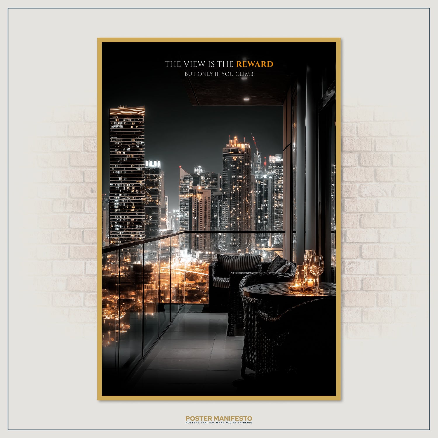 Inspirational poster showcasing a city skyline filled with lights, reminding entrepreneurs and leaders that the best views and rewards come from persistence and the climb.