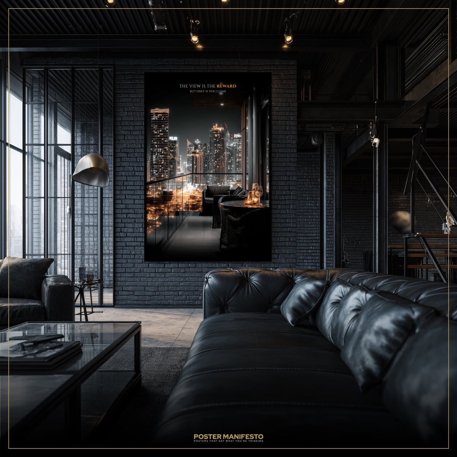Modern living room with black leather sofa, glass coffee table, and cityscape poster on brick wall.