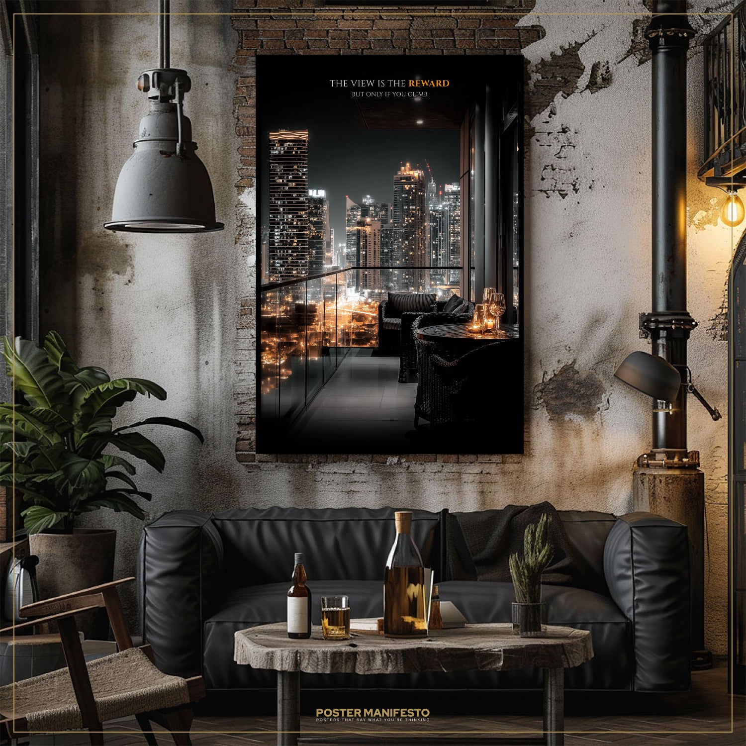 Modern living room with a large cityscape poster on the wall, a black leather sofa, and a wooden coffee table with drinks.