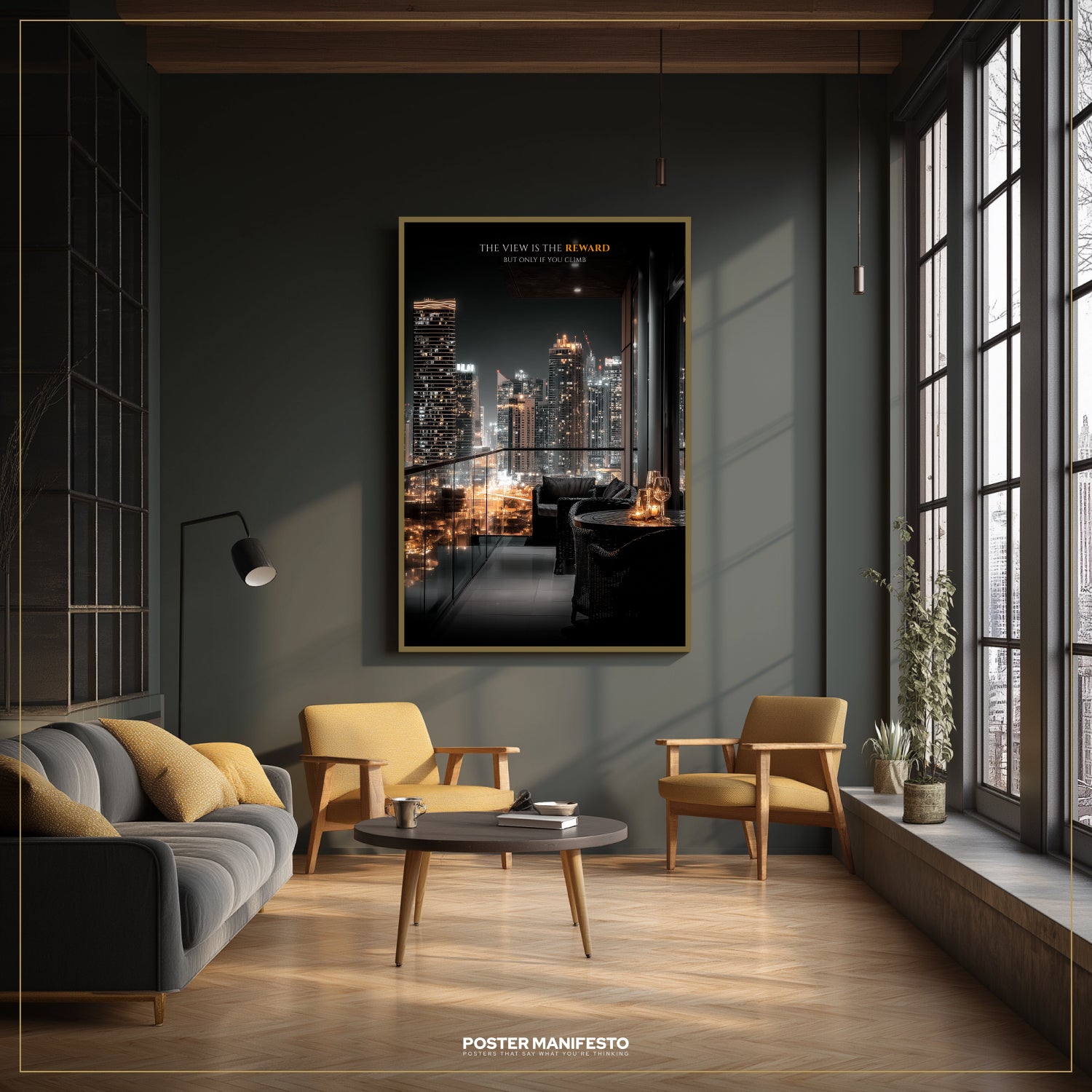 Modern living room with a cityscape poster on the wall