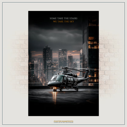 Inspirational wall art featuring a helicopter against skyscrapers at sunset, symbolizing ambition, success, and rising above ordinary limits.