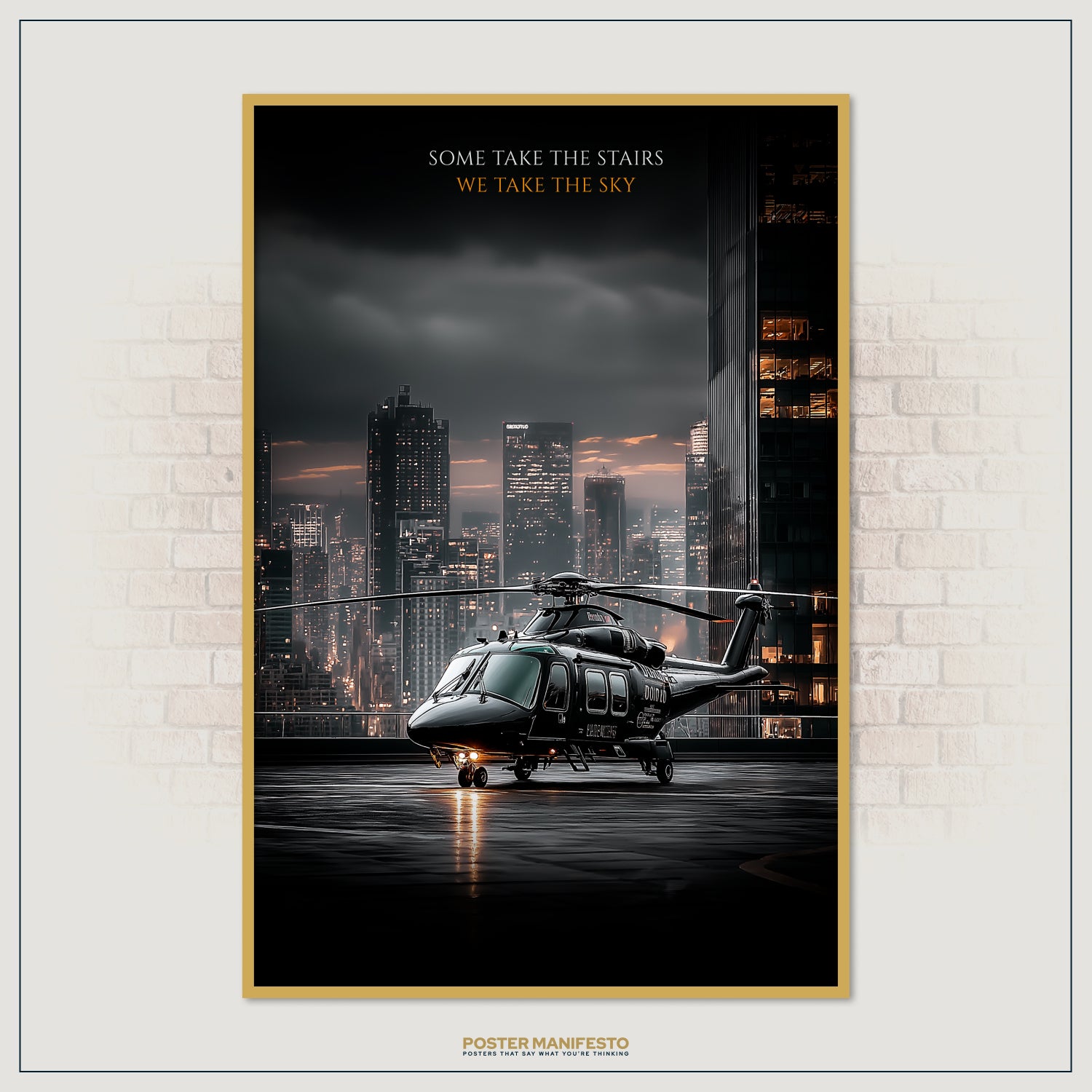 Elegant motivational décor showing a sleek helicopter ready for flight, paired with a quote inspiring entrepreneurs and dreamers to aim higher.