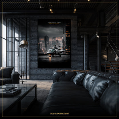 Modern living room with a large black leather sofa and a framed helicopter poster on the wall.