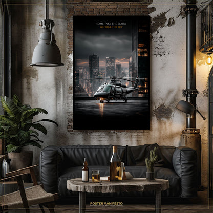 Living room with a black leather sofa, wooden coffee table, and a large framed poster of a helicopter on a city street.
