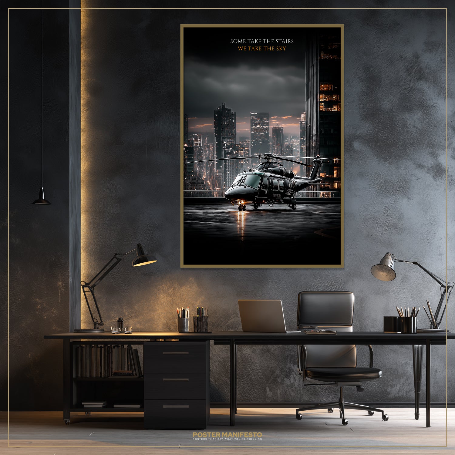 Modern office interior with a framed poster of a helicopter over a cityscape.
