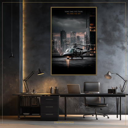 Modern office interior with a framed poster of a helicopter over a cityscape.