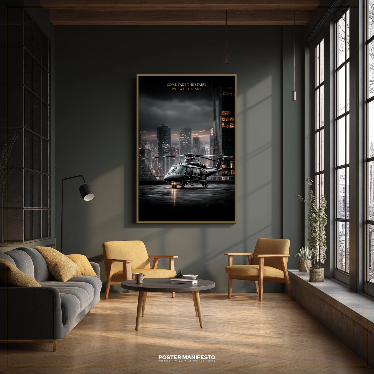 Modern living room with a large framed poster on the wall, featuring a helicopter and cityscape.