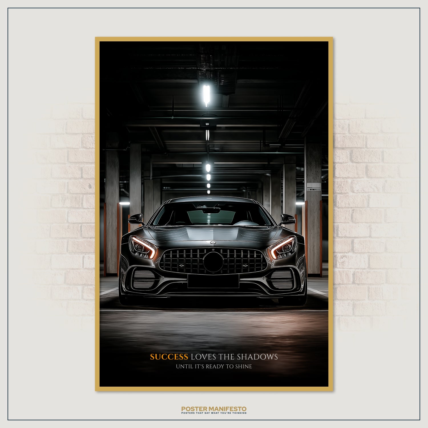 Elegant car-themed motivational décor showing luxury automotive power and a message about patience and ultimate achievement.