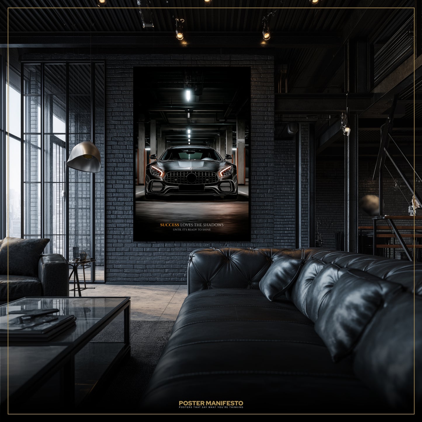 Living room with a large car poster on the wall, featuring a black leather sofa and modern decor.