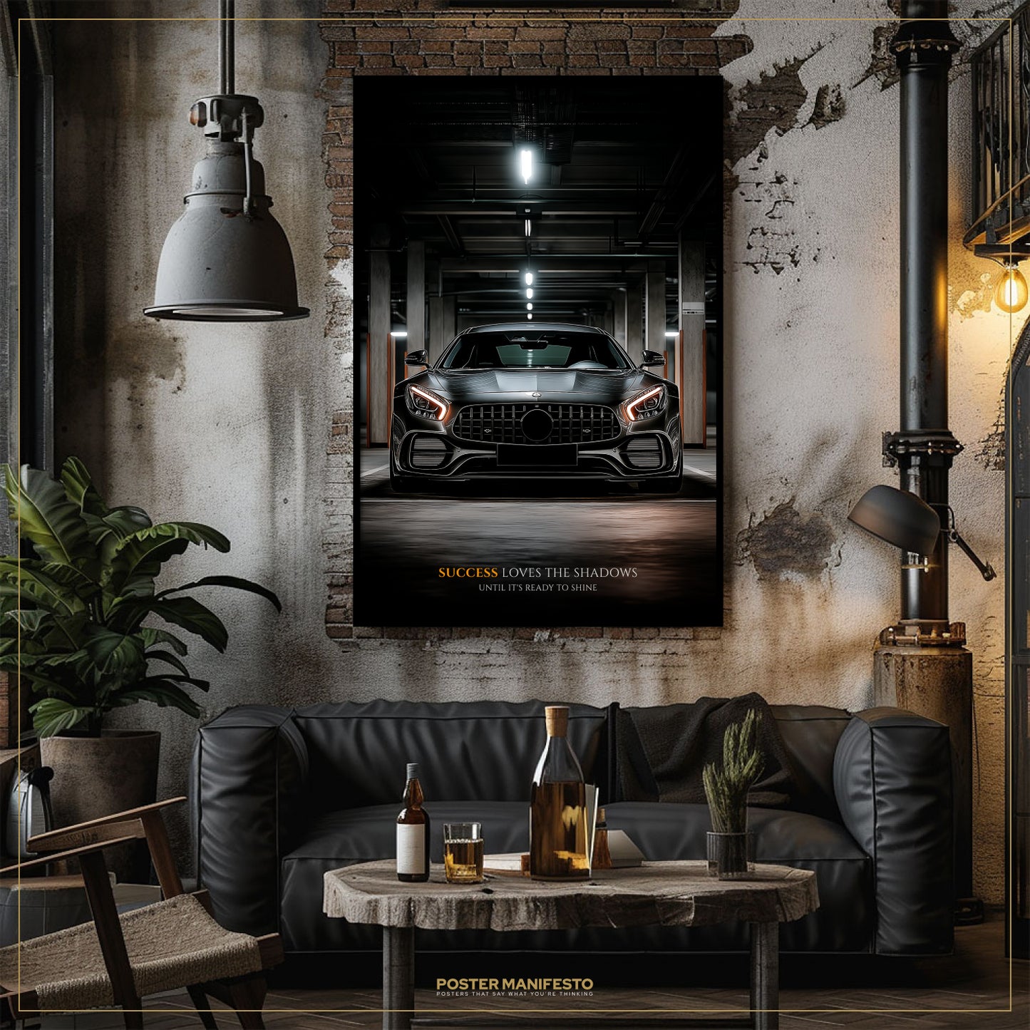 Living room with a car-themed poster on the wall, a black sofa, and a small table with drinks.