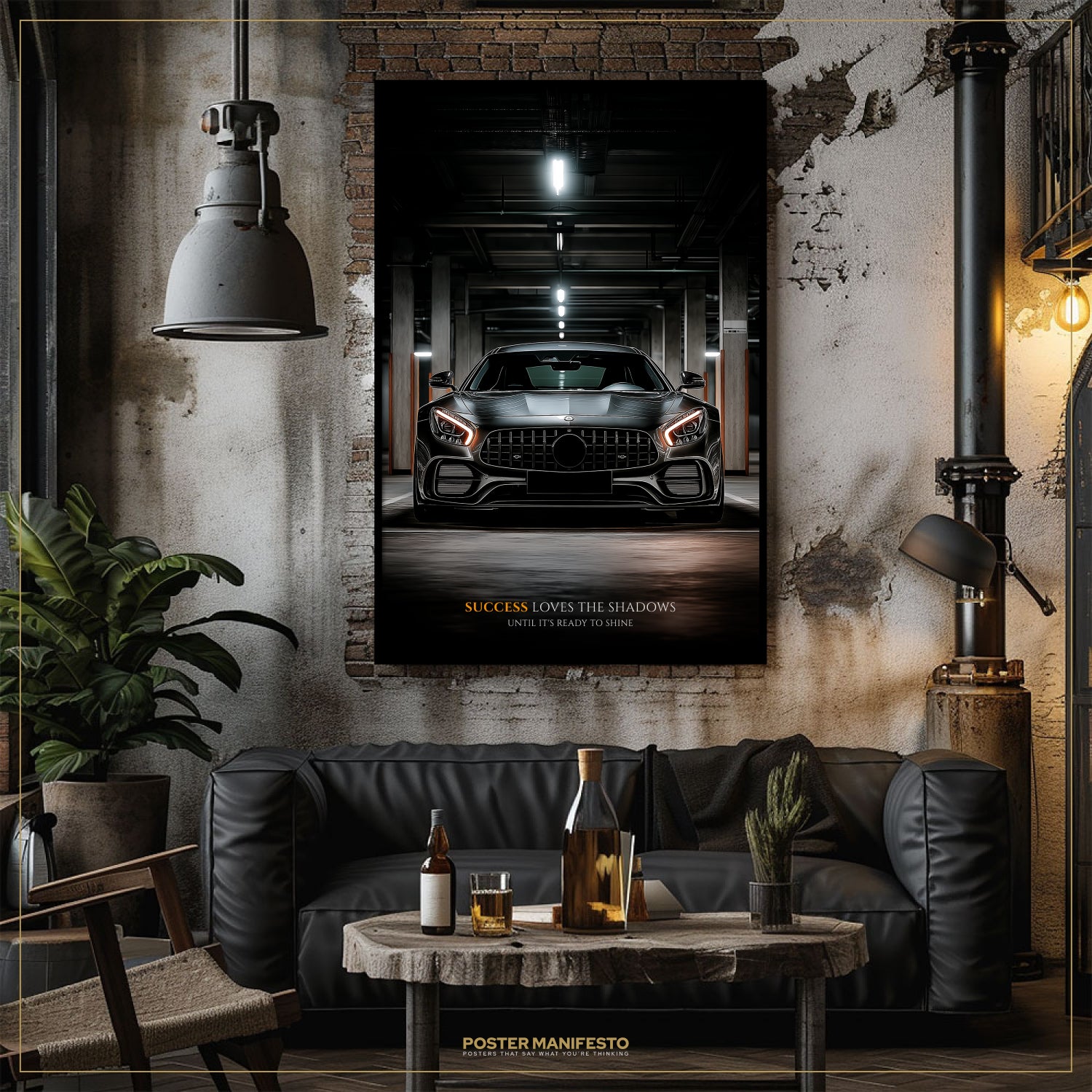 Living room with a car-themed poster on the wall, a black sofa, and a small table with drinks.