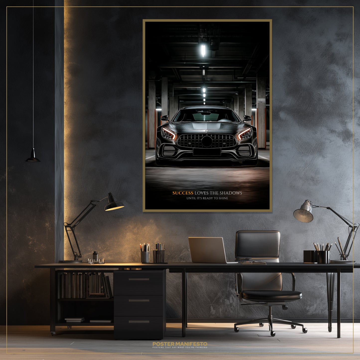 Modern office setup with a framed poster of a car in a garage on the wall.
