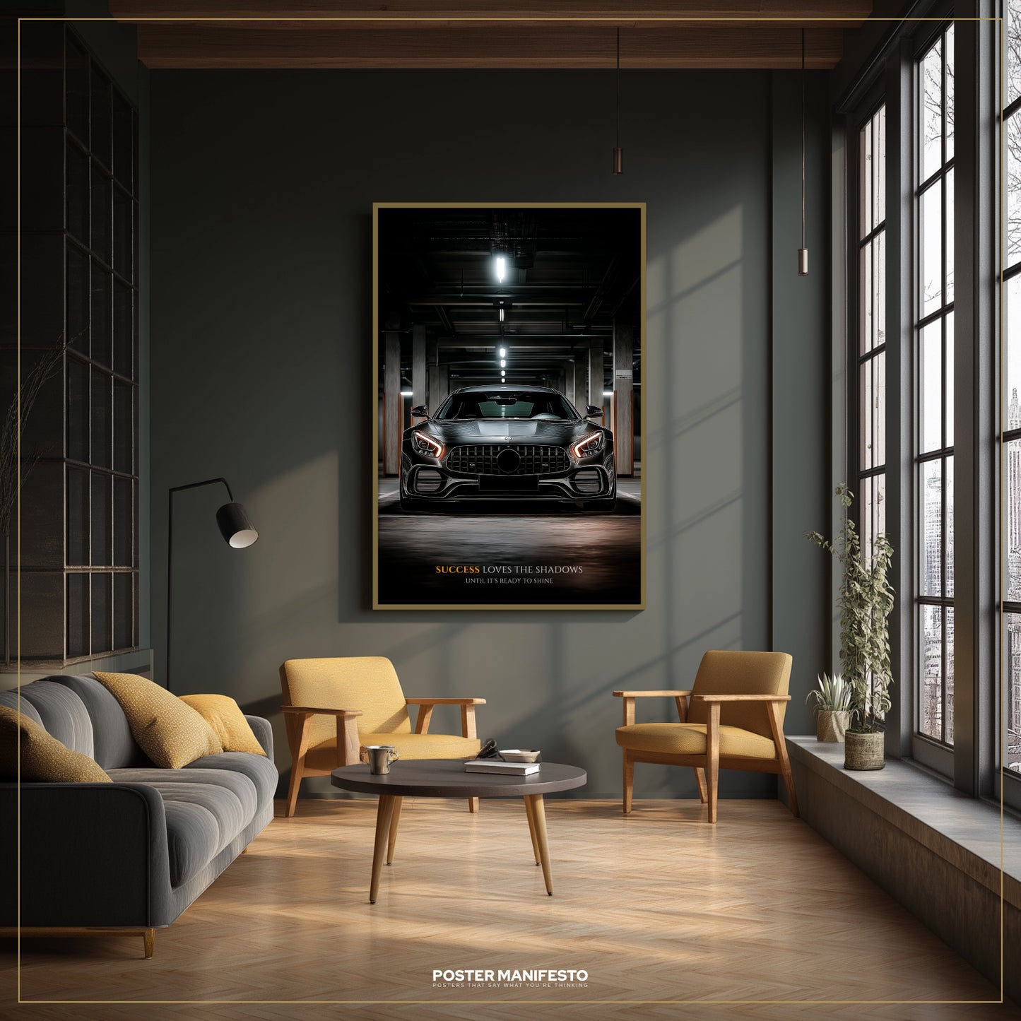 Modern living room with a car poster on the wall