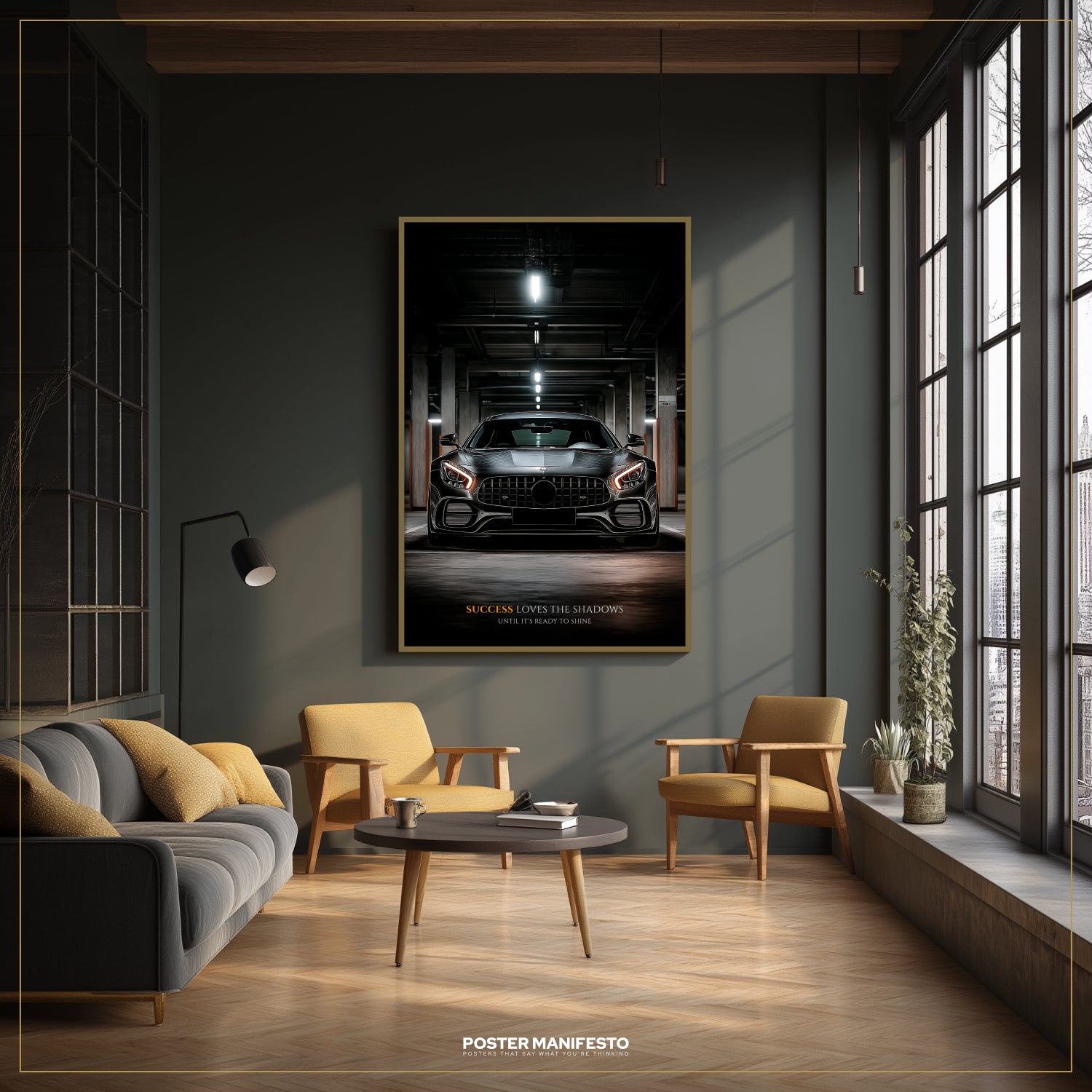 Modern living room with a car poster on the wall