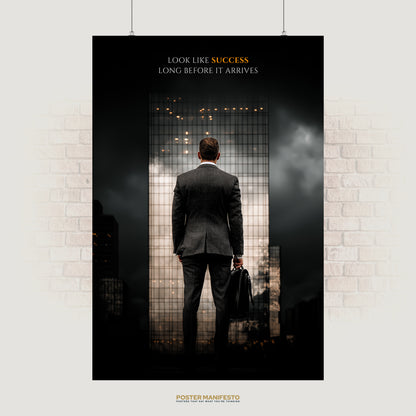 Motivational poster of a businessman in a suit facing a skyscraper, paired with the quote “Look Like Success Long Before It Arrives.”