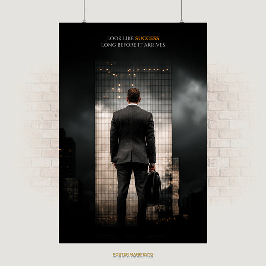 Motivational poster of a businessman in a suit facing a skyscraper, paired with the quote “Look Like Success Long Before It Arrives.”