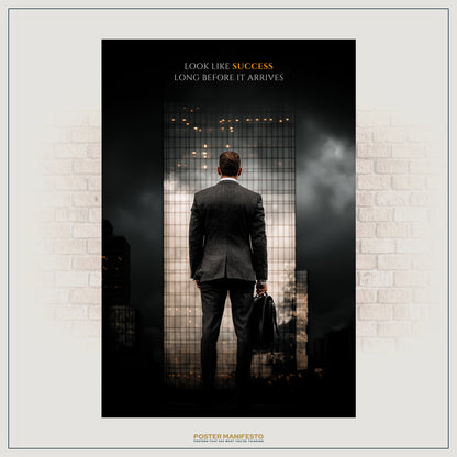 Inspirational business wall art showing a confident man with a briefcase standing before a high-rise building, symbolizing ambition.