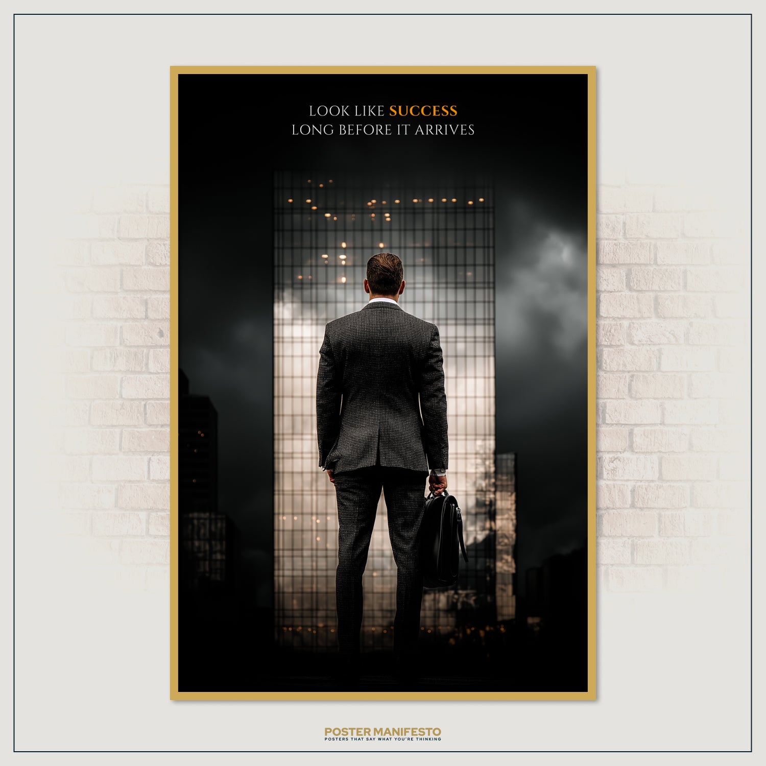 Powerful entrepreneur poster featuring success-driven imagery of determination, confidence, and skyscraper backdrop.