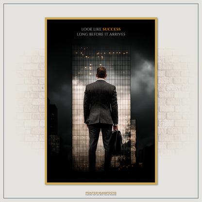 Powerful entrepreneur poster featuring success-driven imagery of determination, confidence, and skyscraper backdrop.