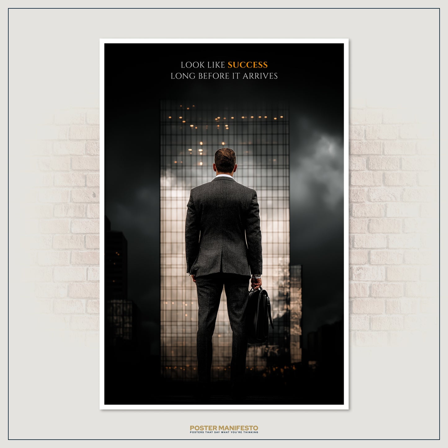 Modern motivational décor for offices with a suited businessman and success-themed quote about mindset and achievement.