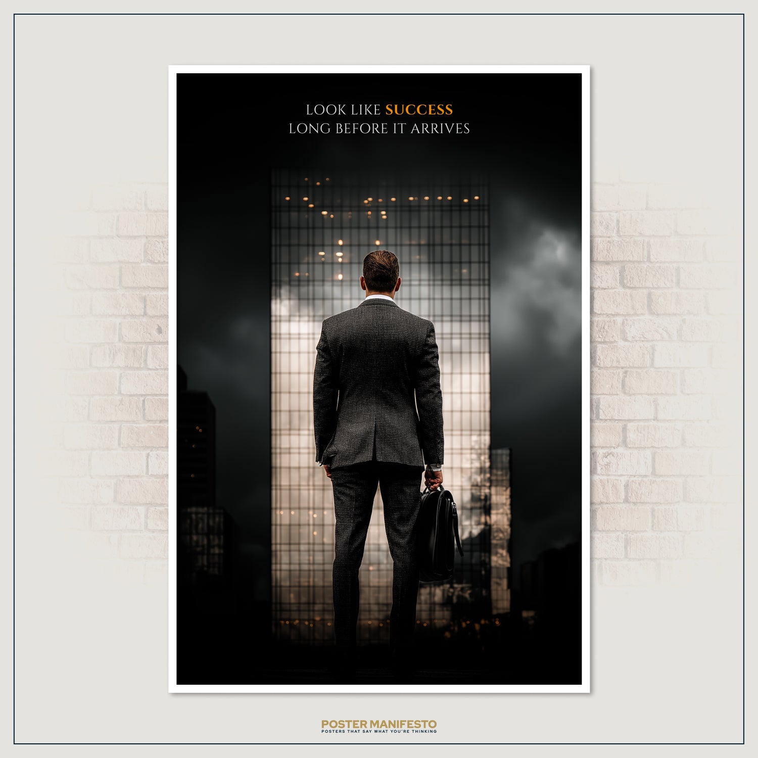 Modern motivational décor for offices with a suited businessman and success-themed quote about mindset and achievement.