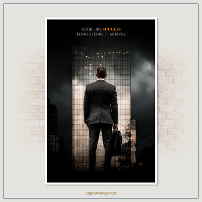 Modern motivational décor for offices with a suited businessman and success-themed quote about mindset and achievement.