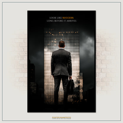 Poster of a man in a suit standing in front of a grid wall with motivational text, framed against a white brick wall.