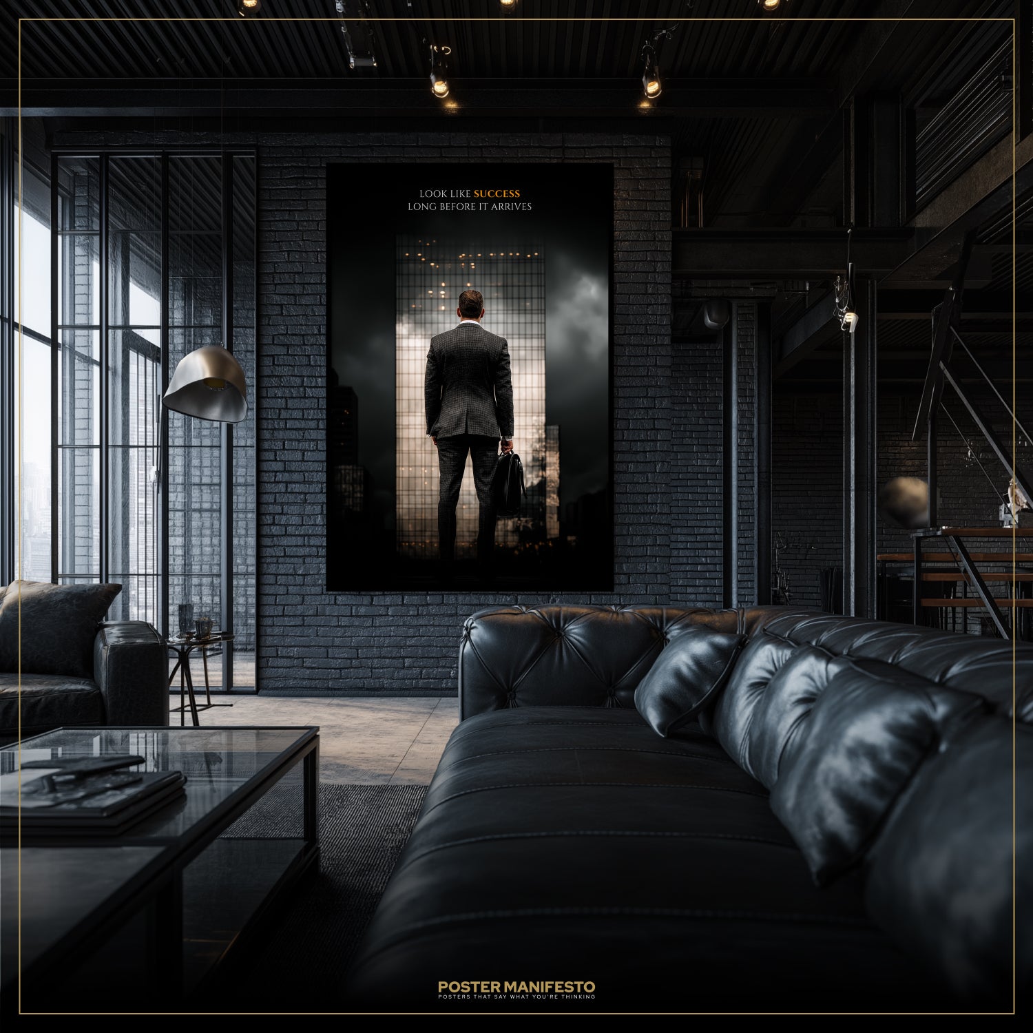Modern living room with a large black leather sofa and a movie poster on the wall.
