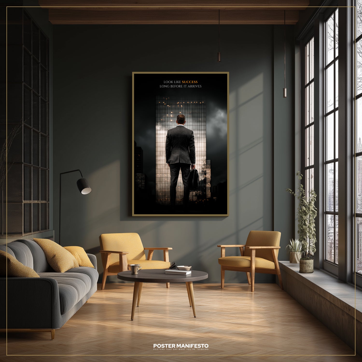 Modern living room with a large framed poster on the wall