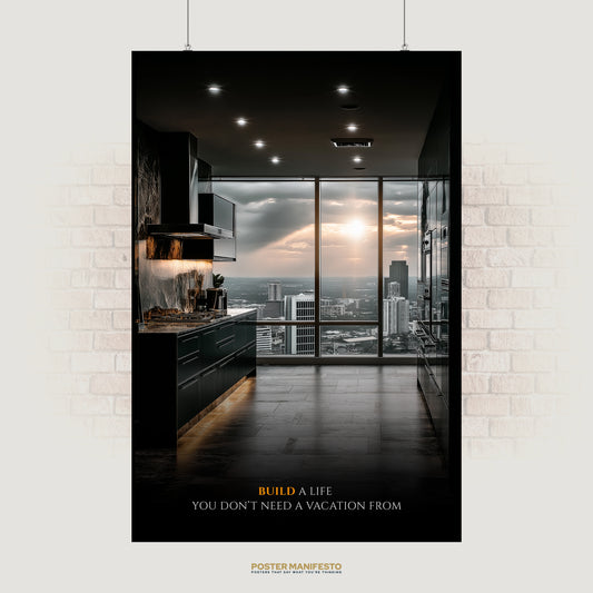 Motivational poster featuring a luxury kitchen with a panoramic city view and the quote “Build a life you don’t need a vacation from.”