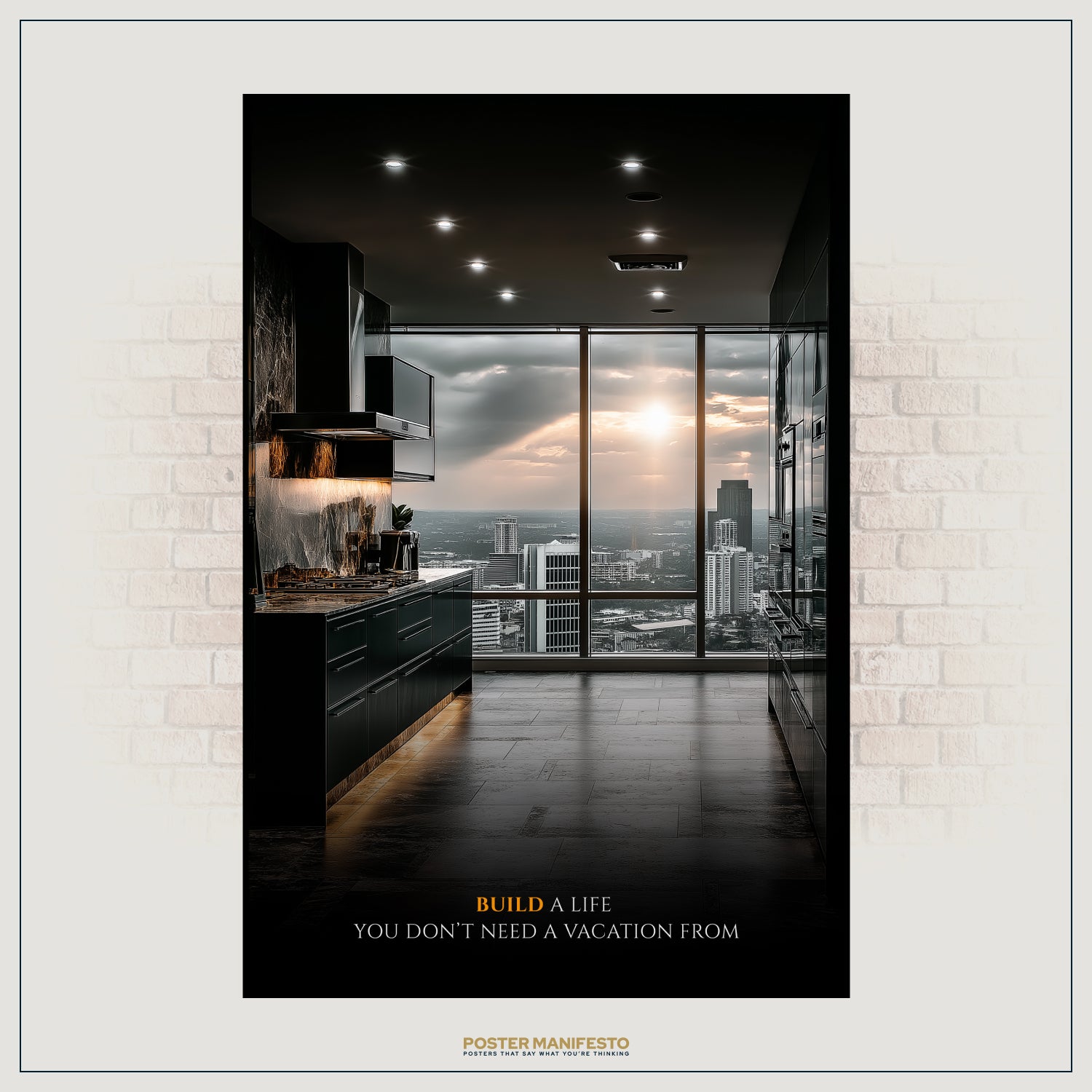 Inspirational wall art of a modern high-rise apartment with sunset view, symbolizing ambition and success lifestyle.