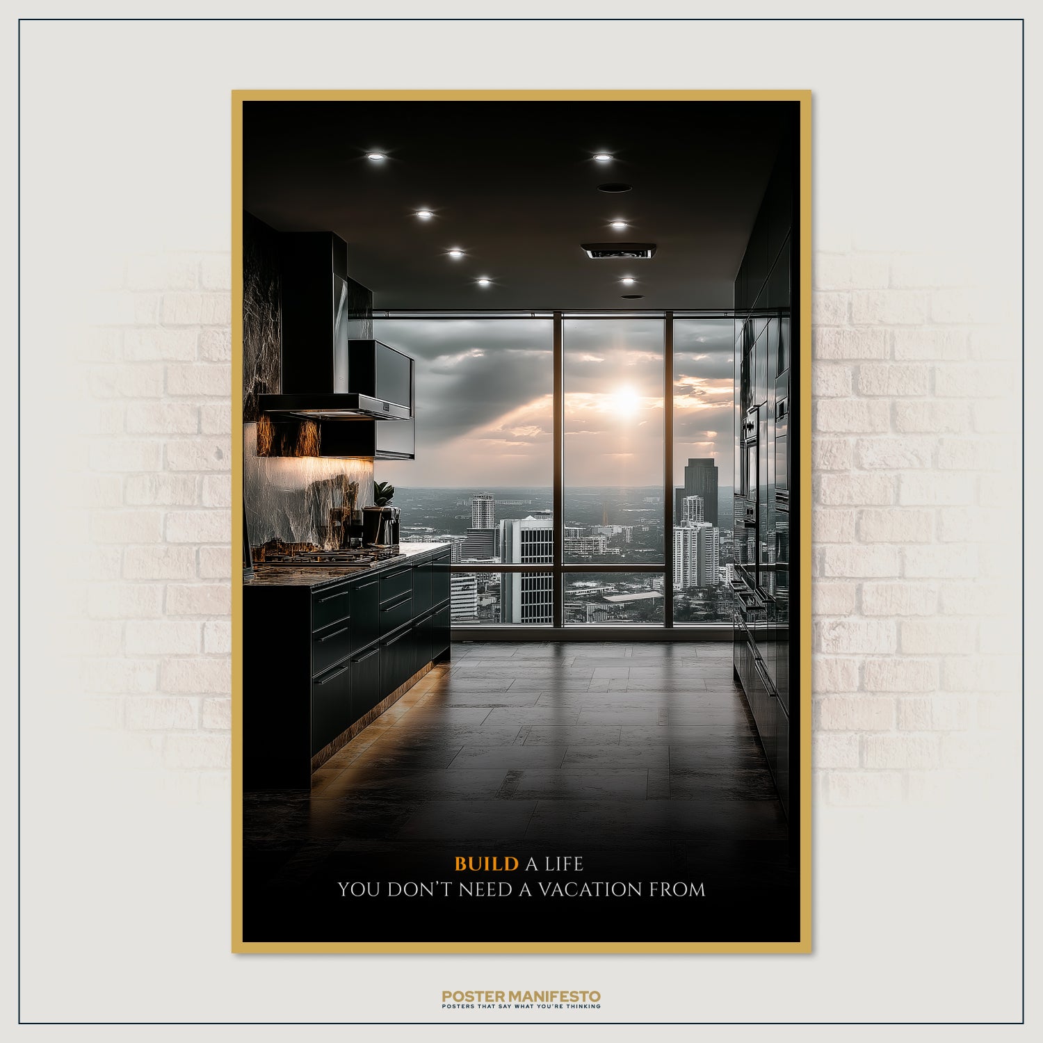 Elegant motivational décor with city skyline and motivational quote about creating a fulfilling life without escape.