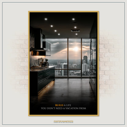 Elegant motivational décor with city skyline and motivational quote about creating a fulfilling life without escape.