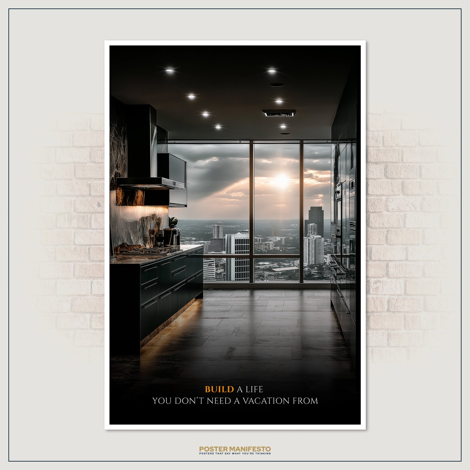 Luxury lifestyle poster featuring modern kitchen interior and empowering success quote, perfect for entrepreneurs.