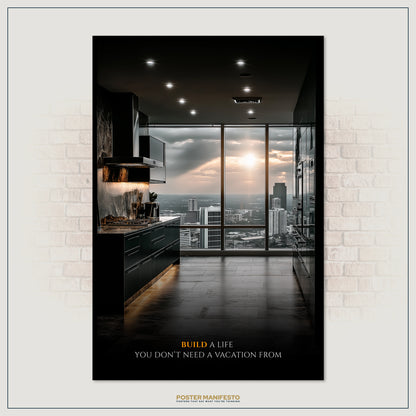 Modern kitchen with cityscape view and motivational quote on a white brick wall.