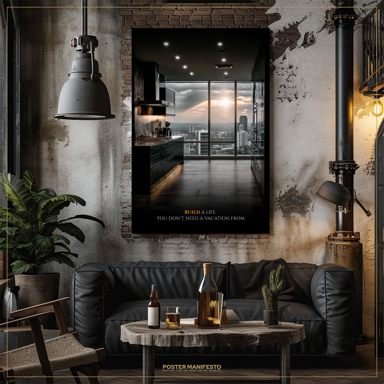 Modern living room with a large poster on the wall, a black sofa, and a wooden coffee table.