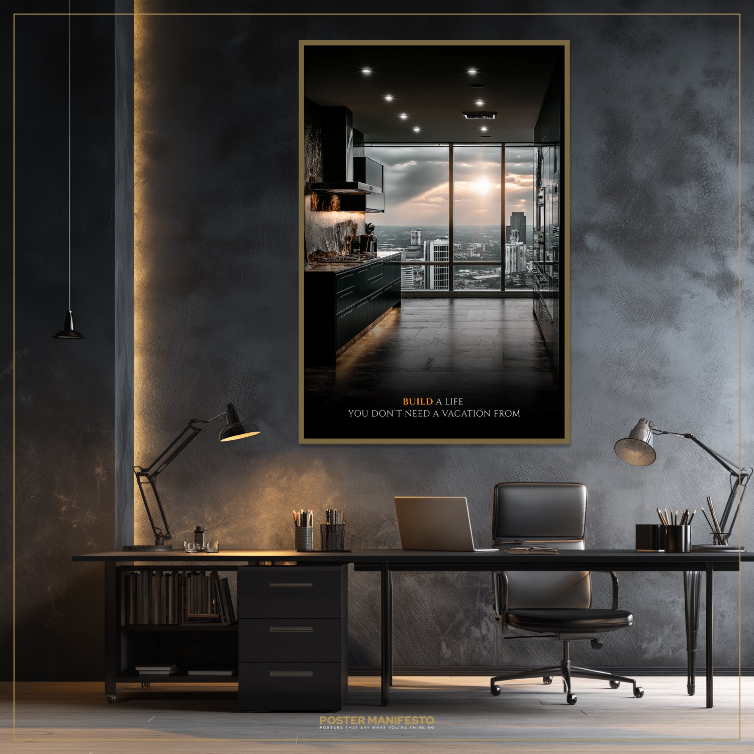 Modern office interior with a large framed poster on the wall.