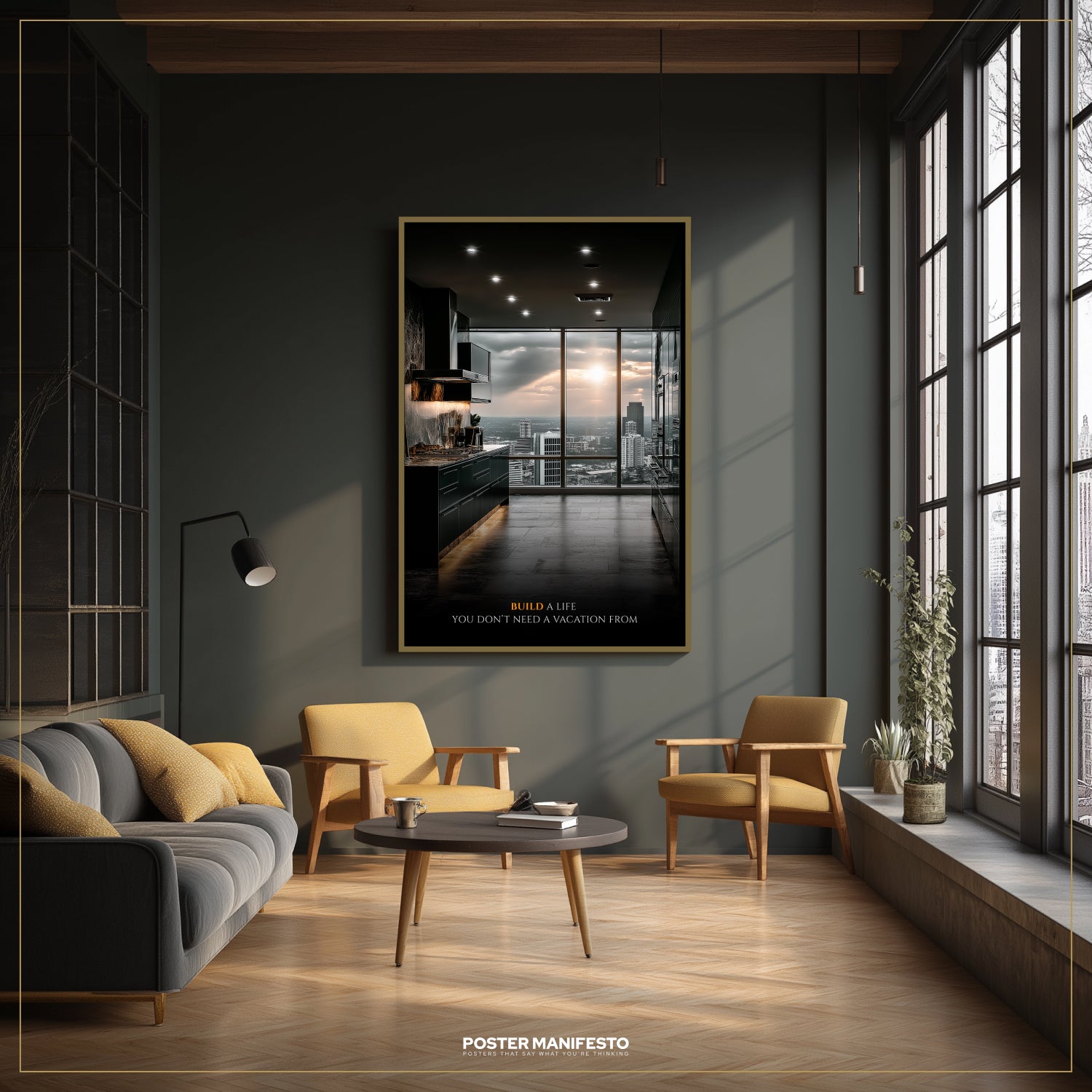 Modern living room with a large window, gray sofa, yellow chairs, and a framed poster on the wall.