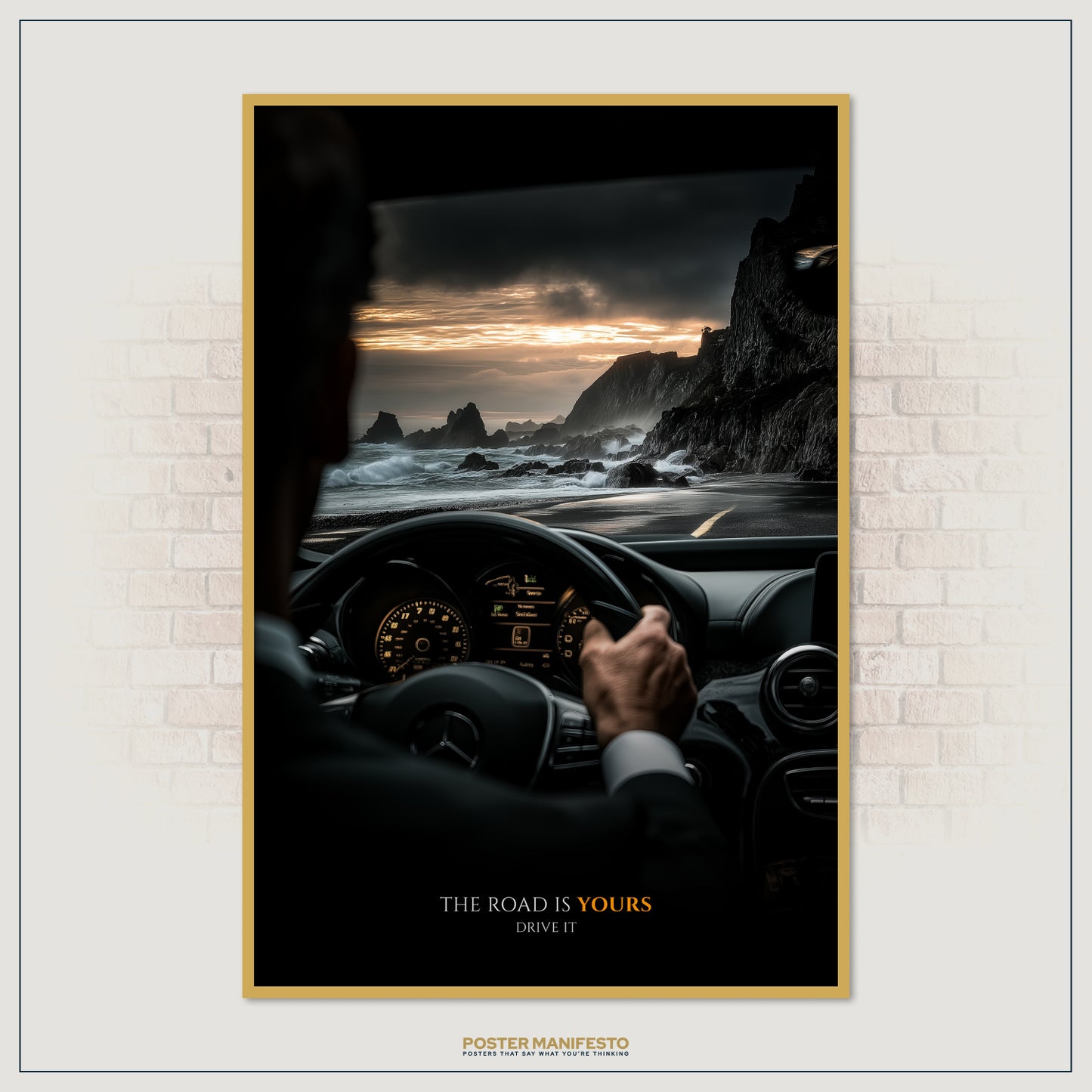 Elegant motivational décor with a driver’s perspective on a dramatic coastal highway, symbolizing freedom and ambition.