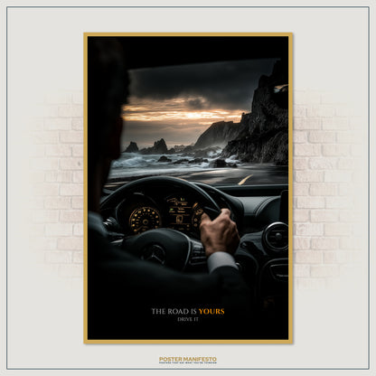 Elegant motivational décor with a driver’s perspective on a dramatic coastal highway, symbolizing freedom and ambition.