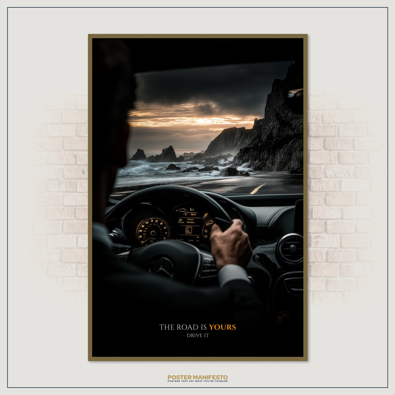 Inspirational poster of ocean road drive at golden sunset, encouraging ambition, freedom, and decisive action.