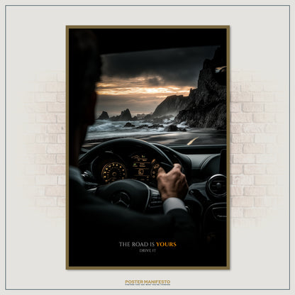 Inspirational poster of ocean road drive at golden sunset, encouraging ambition, freedom, and decisive action.