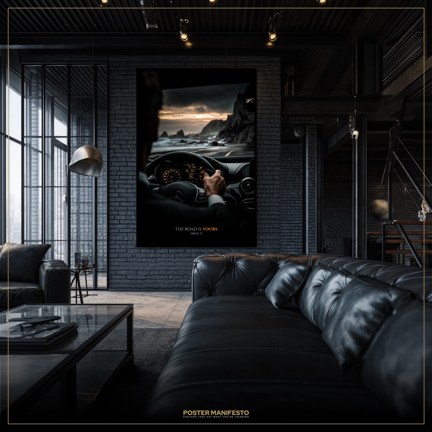 Modern living room with a large framed poster of a person driving on a mountain road.
