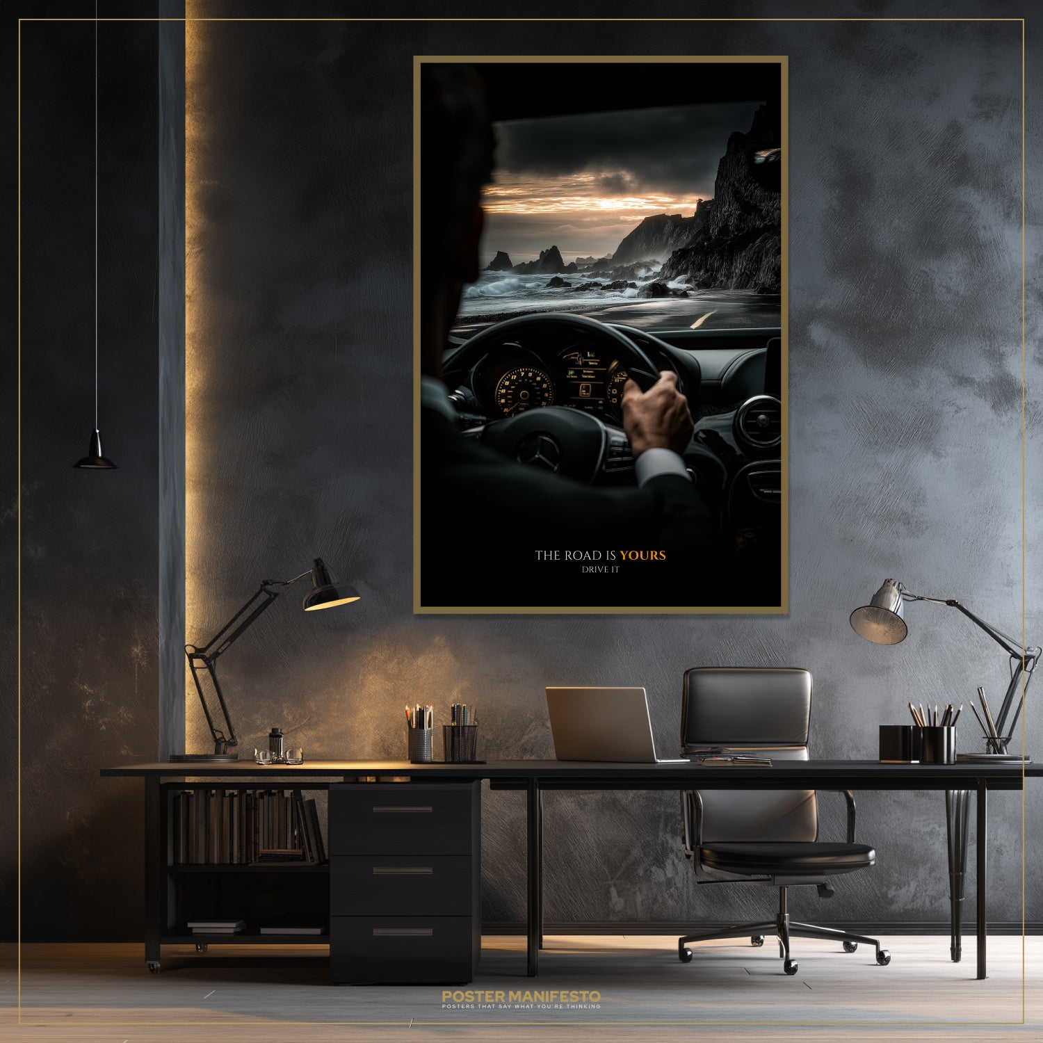 Modern office setup with a framed poster of a person driving on a road.